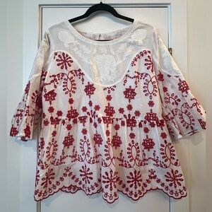White Lace Blouse with red detail: Size L